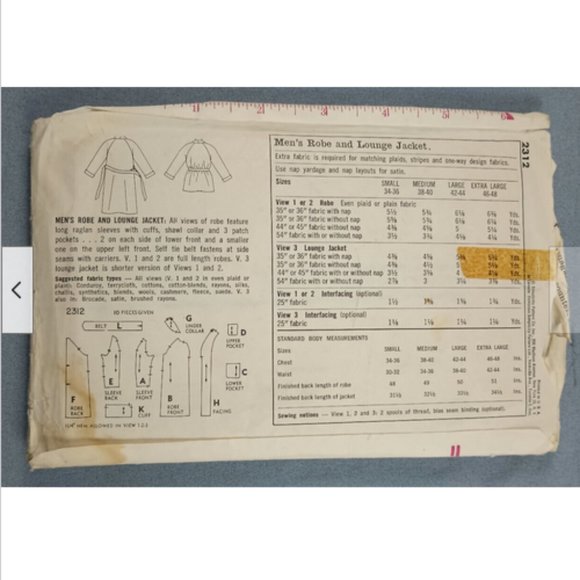 1950 Men Bath Robe Dressing Gown Lounge Jacket Pocket Pattern LG Simplicity 2312 - Picture 2 of 2